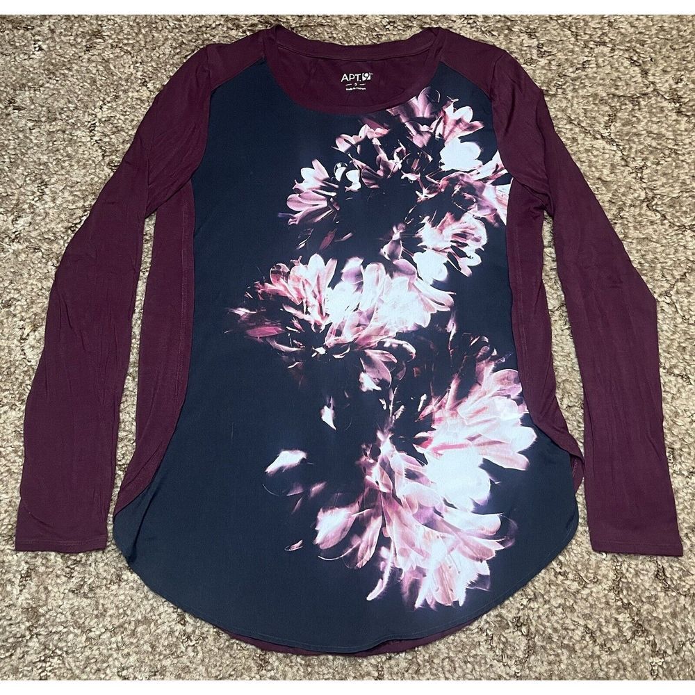 Apt 9 Shirt‎ Womens S Black Burgundy Floral Round Hem Blouse Casual Ladies